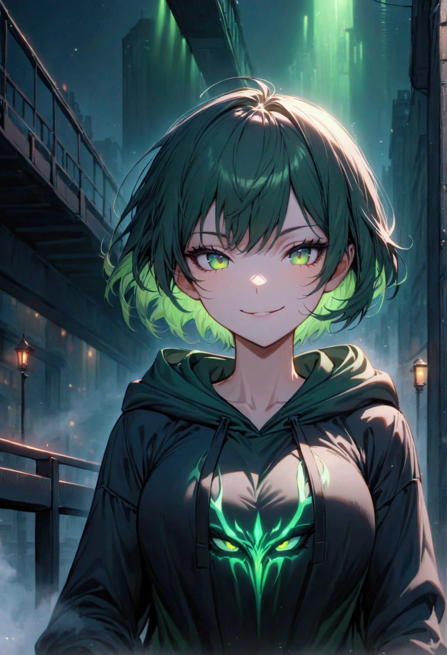 fog green green eyes girl korean short hair best quality green eyes black green short hair villain villain smile city fog green black clothes black bridge hoodie