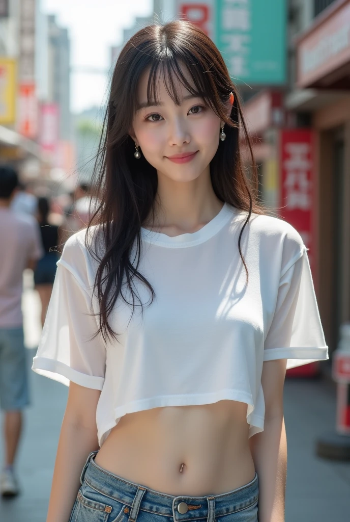 1 Japanese beautiful girl, ((white see-through T-shirt:1.2, denim pants)), ((show off nipples under white t-shirt:1.4)), (((wet body:1.55))),20yo girl, Super beautiful detailed face, (smile:1.4), earrings, (various hair style:1.4, bangs), cowboy shot, (small breast:1.4, chubby body), (small areola), nude, Naked, BREAK, masterpiece, best quality, ultra quality, high quality, realistic, photo realistic, RAW photo, hyper detailed, intricate detaile, (crowded street:1.4),