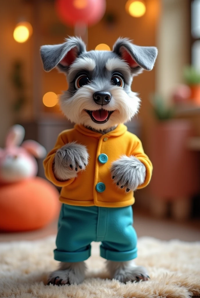 Schnauzer puppy standing facing forward with front legs raised。Human clothing。It has large eyes, a human-like expression, and a lovely smile.。Slightly larger head than body。
Background is indoors。