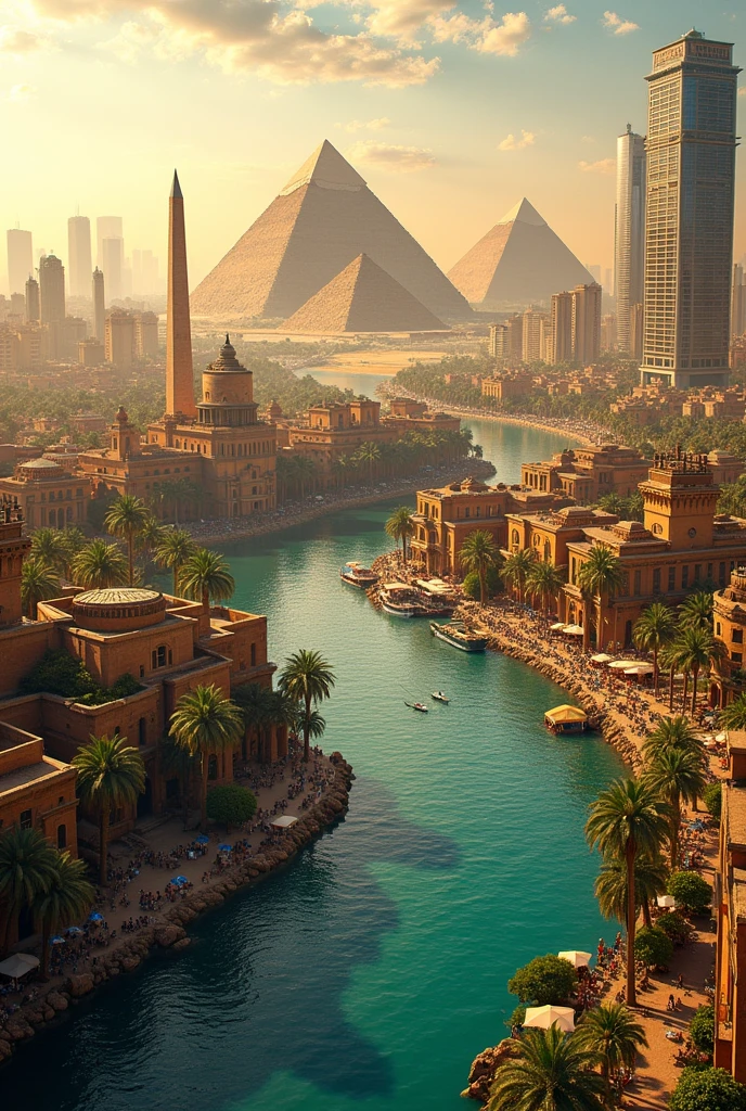 Create a blend of an ancient Egyptian city contrasting with modern buildings in a vibrant city on the banks of the Nile River aerial view
