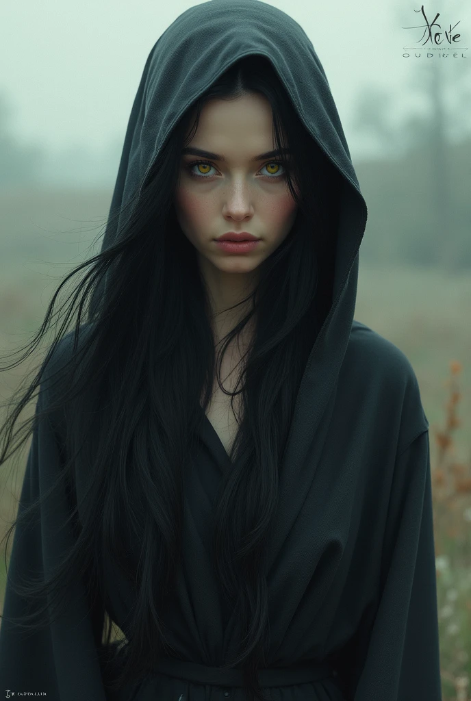 Beautiful woman with black hair and yellow eyes wears a robe that covers her head, Realistic digital art