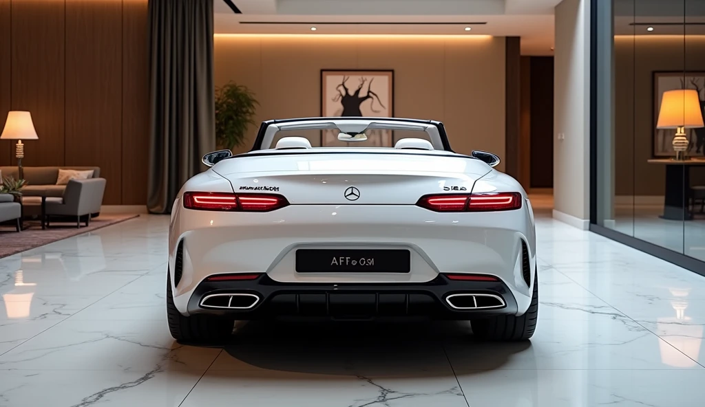 A rear view of the 2025 Mercedes-Maybach SL Mythos Series luxury convertible, in a glossy white color, with its taillights illuminated, prominently displayed in an upscale showroom. The vehicle’s elegant rear design is highlighted by its sleek lines, refined chrome accents, and sophisticated lighting that creates a sophisticated glow. The illuminated taillights enhance the car’s modern and luxurious appearance. The showroom features polished marble floors and expansive glass walls that allow natural light to enhance the scene, while soft ambient lighting highlights the vehicle’s detailed design. Stylish decor, including plush seating and contemporary art pieces, provides an opulent backdrop that showcases the Mercedes-Maybach SL Mythos Series’ grandeur and innovative character.