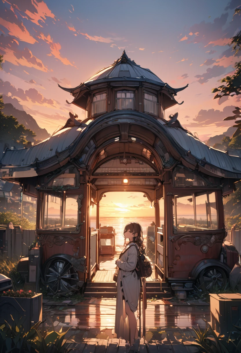 A female student standing at a deserted bus stop in the countryside、Look at me and smile、Scenery of Showa、sunset、masterpiece, best quality, high quality, detailed, ultra detailed, hyper detailed, insanely detailed, exquisite, beautiful, Full-HD, 4K, 8k, 16K、on right, circle composition
