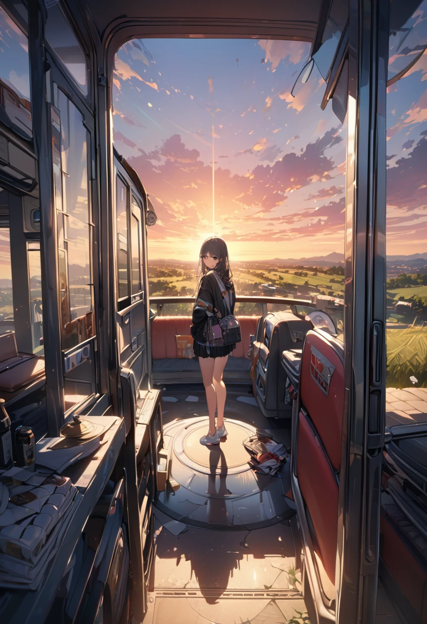 A female student standing at a deserted bus stop in the countryside、Look at me and smile、Scenery of Showa、sunset、masterpiece, best quality, high quality, detailed, ultra detailed, hyper detailed, insanely detailed, exquisite, beautiful, Full-HD, 4K, 8k, 16K、on right, circle composition