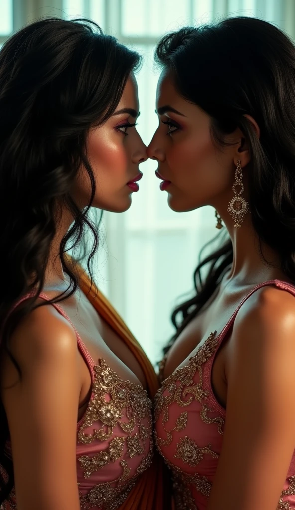 Two rivals women age 24 , both women very beautiful faces indian look , angry face expression both staring hatefully each other, very sexy bodies figure curvy sexbomb, very big breast 36 dd cleavage show ,both wearing salwar kameez both have beautiful eyes detailed,pink lips detailed,long open black hair , both standing nose to nose,both hugging each other, both hate each other their face expression tells, 4kmax ultra hd masterpiece, realistic ultra HD quality,