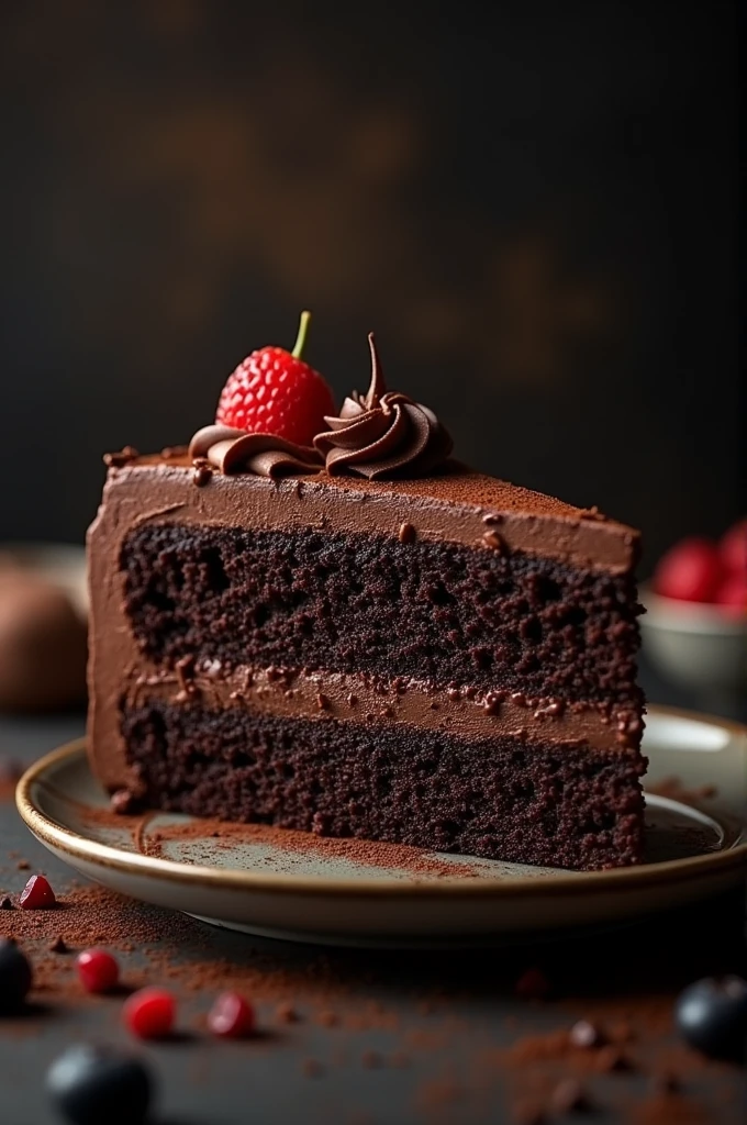 cinematic film still chocolate, chocolate cake, dark background, quality photo, moist texture, frosting, studio photo, slice . shallow depth of field, vignette, highly detailed, high budget, bokeh, cinemascope, moody, epic, gorgeous, film grain, grainy