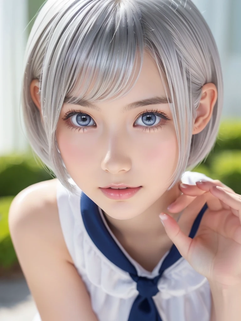 A pretty girl, beautiful detailed eyes, beautiful detailed lips, extremely detailed eyes and face, long eyelashes, elegant, graceful pose, serene expression, soft natural lighting, highly detailed, 8k, photorealistic, cinematic lighting, intricate details, masterpiece,Highres fix,Portrait,School uniforms,Bright expression,Younger,brighter, whiter skin,Gloss Face,Cheek gloss,Best Looks,(Platinum silver short hair:1.5),Shiny bright hair,silky hair,charming big clear blue eyes,dorropy eyes,cutei eyes,Very beautiful,lovely girl,cute girl,perfect