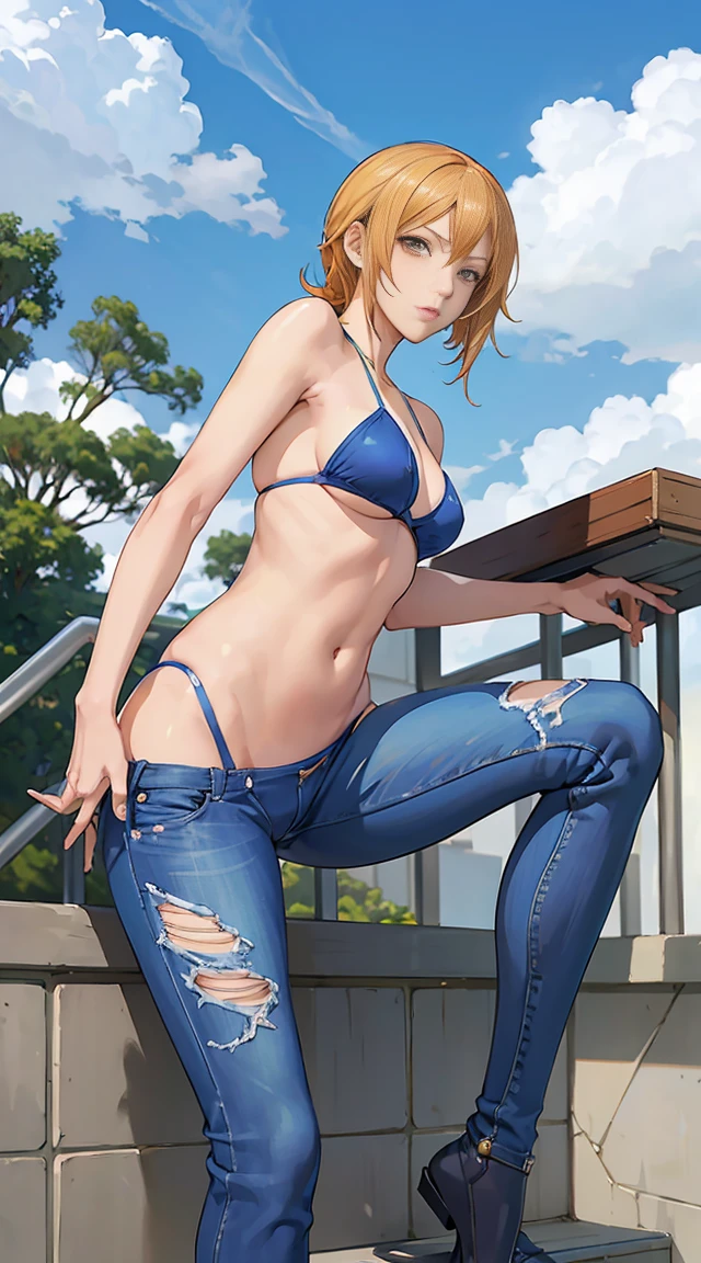 (masterpiece, Highest quality),Browsing Caution,Cartoon photo of a woman in a bikini top and jeans, Anime drawings inspired by Masamune Shirow, Pixiv, Self-sastructing art, Enchanting anime girl, Nami One Piece, Biomechanical , Nami from One Piece, Pixiv 3dcg, , I also make fan art, top rated on Pixiv