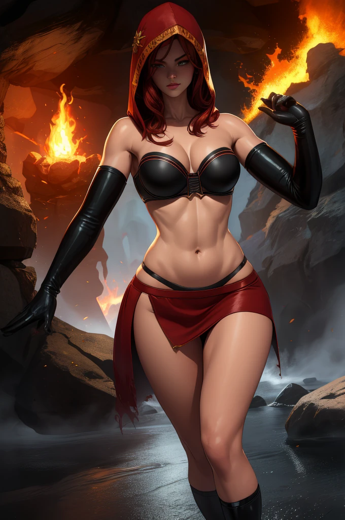 Dsorceress, redhair, shadowy face,dark cave, fire, hood, shadowed cute face, mini skimpy strapless bra, slim and athletic body, skinny thighs, skimpy slit miniskirt, no underwear, no panty, elbow gloves, dark skin, 1 girl (insanely detailed, masterpiece, best quality)