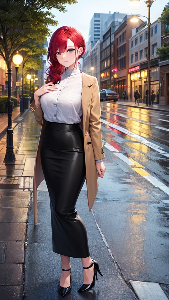 masterpiece, best quality, high detail, beautiful woman, wavy hair, red hair, low ponytail, white blouse, brown coat, black midi pencil skirt, heels, looking at viewer, spring garden, cloudy sky, rainy backdrop, city, city street, sidewalk, street lamp, park, trees, purse, 