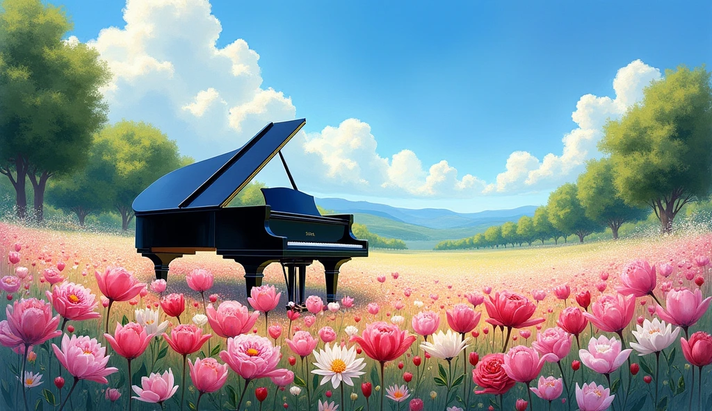 Bright summer daylight. A large black grand piano is placed in a sprawling flower garden, pink and white flowers are in full bloom, and soft sunlight is shining on them. The sky is a clear blue, with few clouds and strong sunlight casting shadows on the earth. The trees in the distance are dark green, expressing the vividness of summer. Overall, bright, warm light fills the scene, vividly depicting the beauty of nature.” Paint in the style of a watercolor painting.