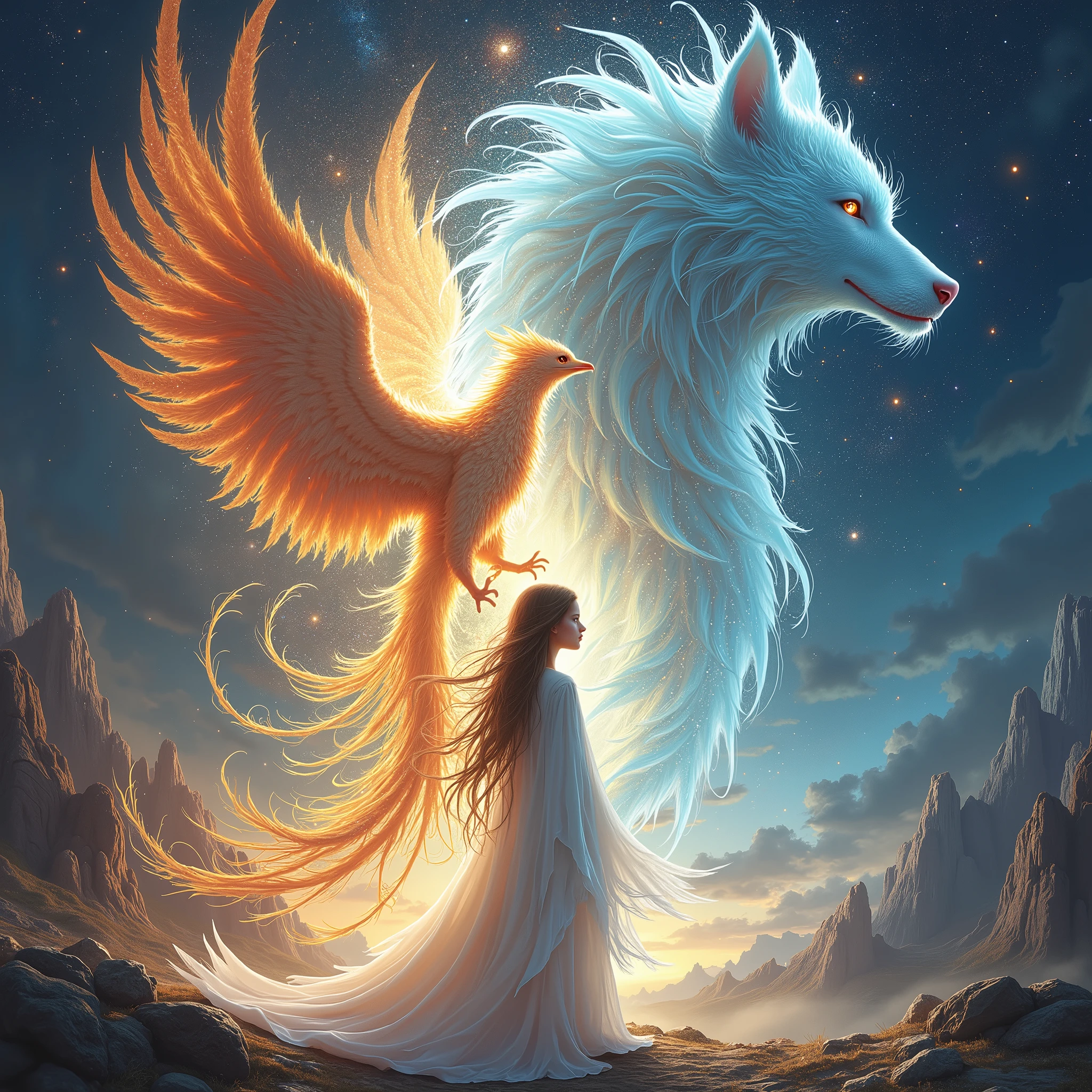 (masterpiece, top quality, best quality, official art, beautiful and aesthetic:1.2), (1girl), extreme detailed eyes, (fractal art:1.3), colorful, highest detailed, (perfect face), shiny skin, HDR, (white cloak golden lines:1.2), galaxy, (light streaks), striking visuals, (dynamic streaks, luminous trails:1.2), vibrant colors, (phoenix), (dragon), (wolf)