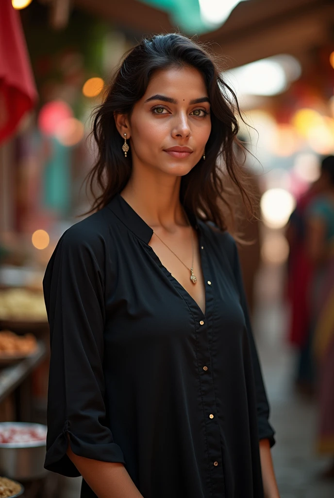 Make a girl who is Indian and her skin color is fair and her eyes color is green, her age is around 24 and she is wearing a black color kurta and her boobs are a little bigger 