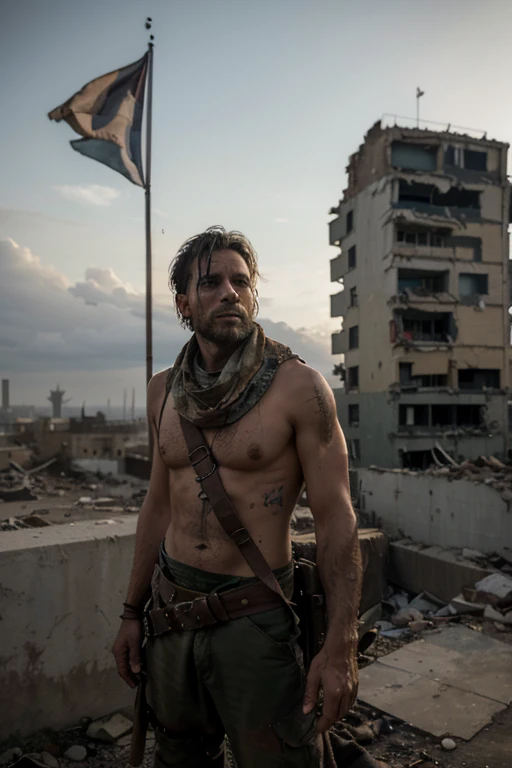 A man in his early 30s stands atop a crumbling, graffiti-covered building in a post-apocalyptic city. He’s dressed in rugged, makeshift armor, with a bandolier slung across his chest and a weathered scarf around his neck. His stance is strong and defiant, with one foot resting on a piece of rubble, and his hand gripping a flagpole with a tattered banner flapping in the wind. Behind him, a small group of followers look up to him for guidance. The city is in ruins, with smoke rising in the distance, but his expression is resolute, symbolizing hope and resistance in the face of adversity.