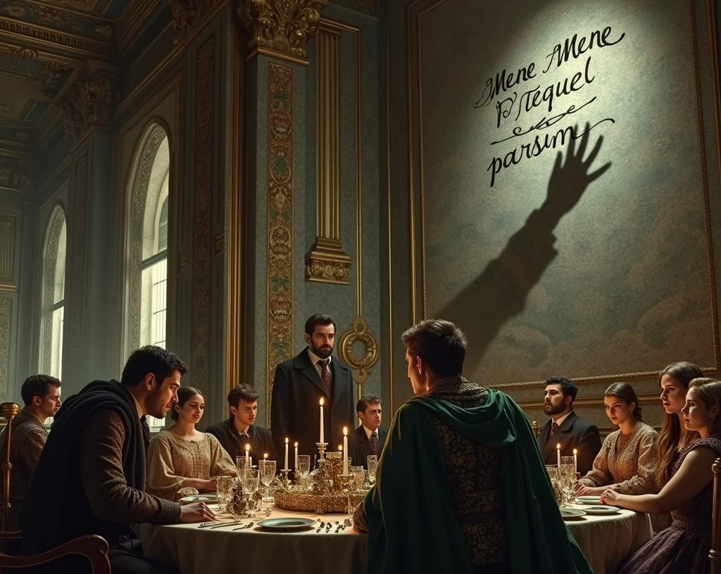 Inside a large and beautiful Palace. A hand is writing four words on the wall, that are, MENE MENE TEQUEL PARSIM. They were there, the King and some of his friends, and some women, sitting around a table with some gold utensils on top. Everyone is scared, with great fear and dread, looking at the hand that is writing the words.