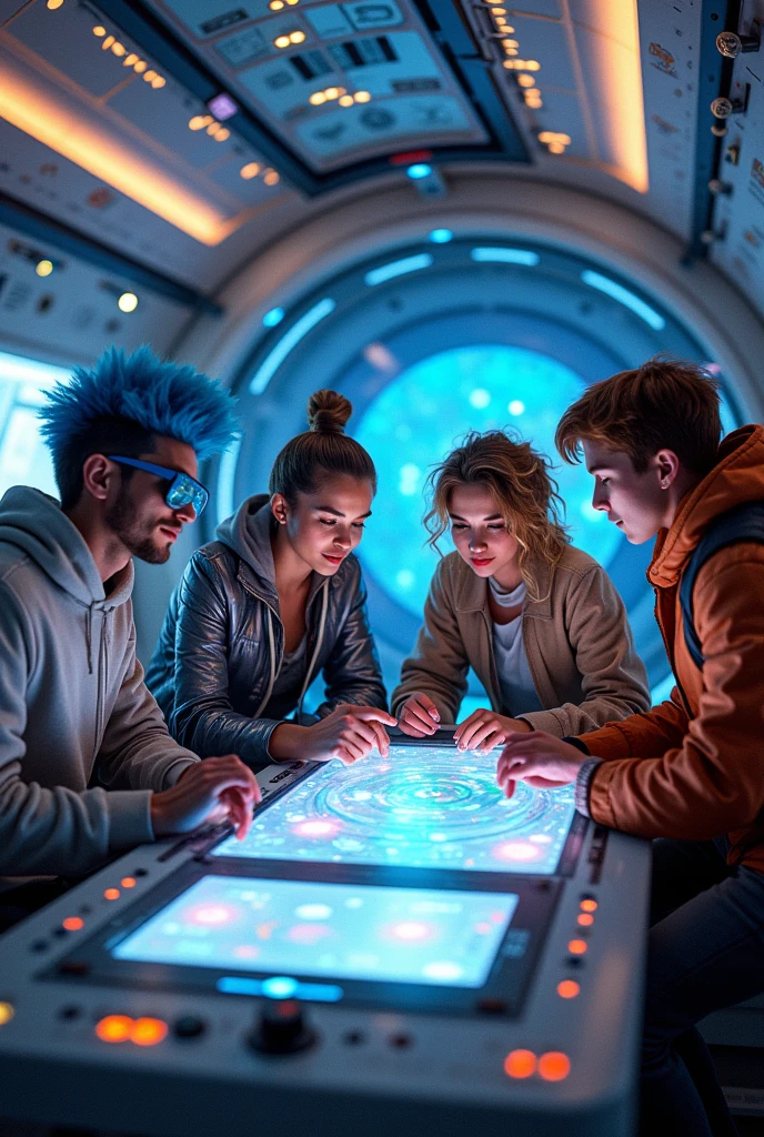 A group of 4 young people inside a spaceship