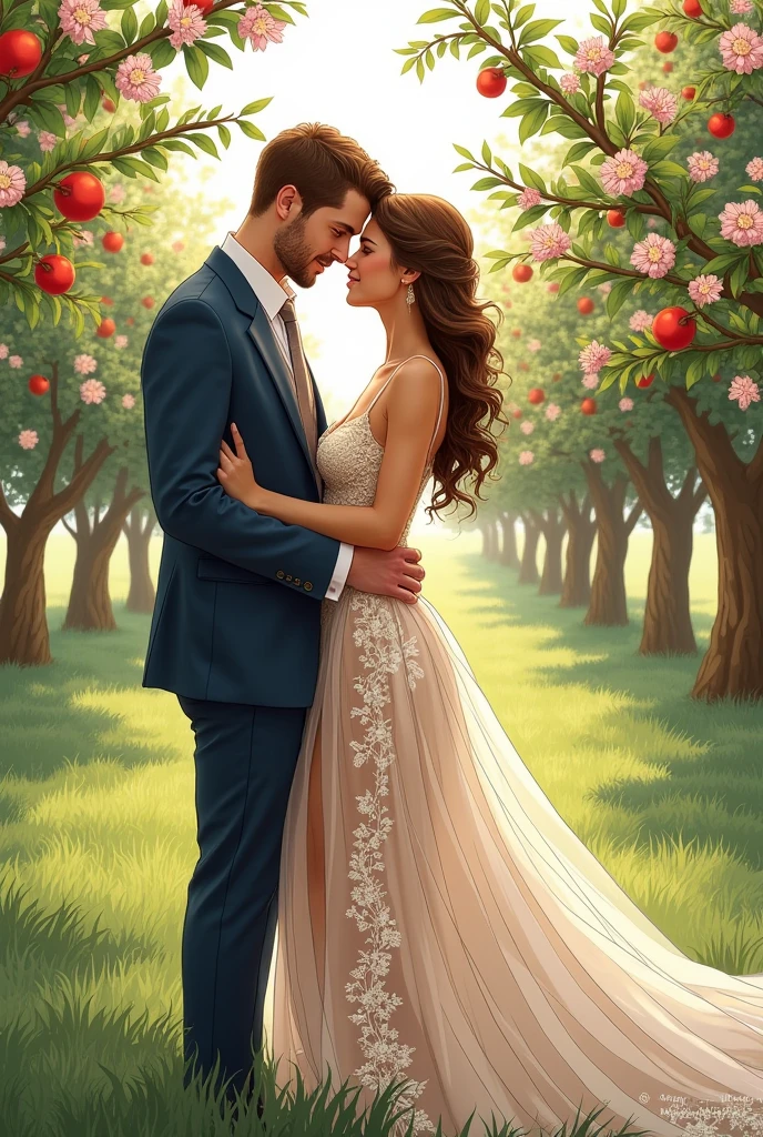 Novel cover, 1 man and 1 woman hugging each other and facing each other in an orchard, manga style line drawing, woman wearing sexy lace dress.