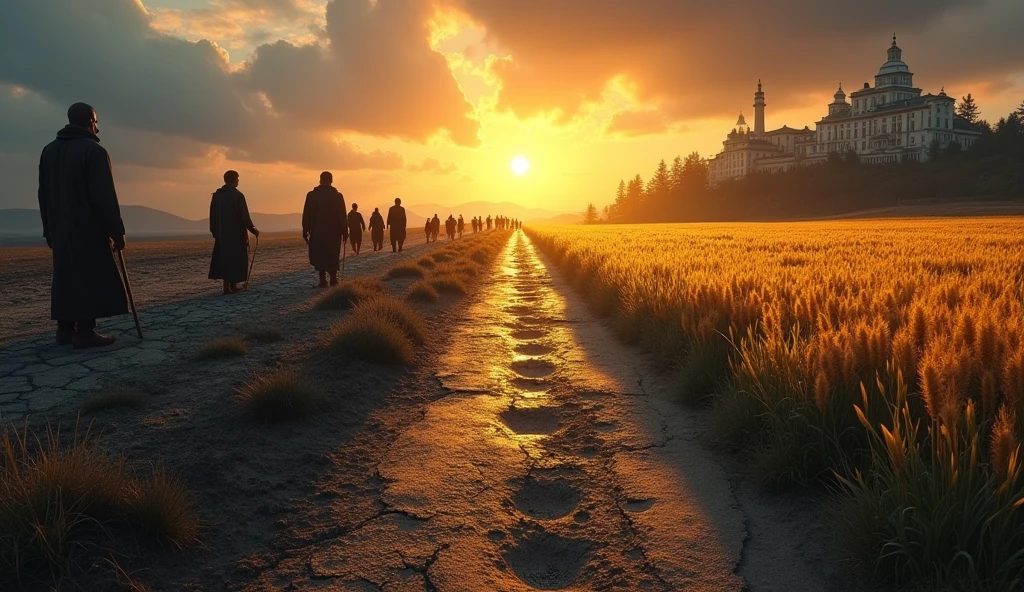 path full of obstacles and on one side of the path there is misery fear and hunger and on the other side prosperity, abundance and riches