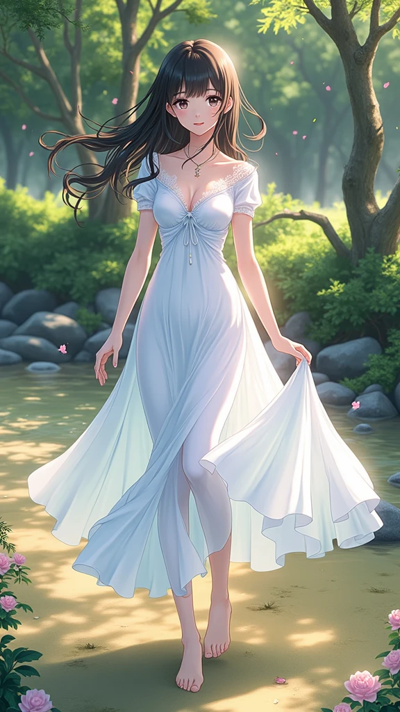 (masterpiece、Highest quality、8k、High resolution)、One female、(Beautiful Face、Beautiful Face)、Beautiful eyes、Beautiful lips、Beautiful nose、Brown-black hair、(The best girl in anime)、Sandy beach with a view of the forest、A bright night with stars visible、full moon、milky way、体whole bodyから神秘的な光の粒子、Colorful light particles、A mysterious light glowing around the head、melt、jewelry、necklace、dress、(whole body)、Highly detailed anime art、A complete portrayal、