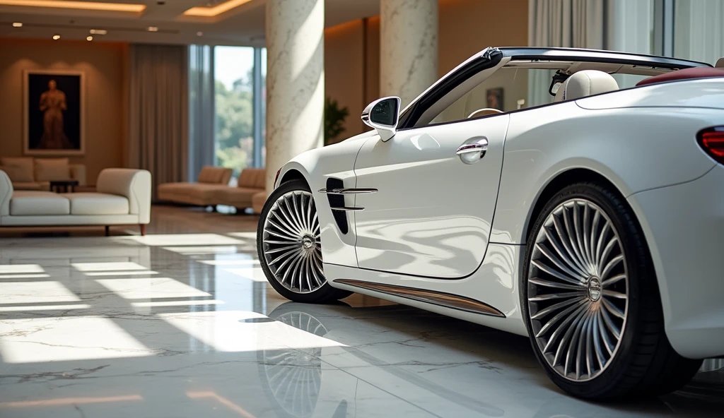 A close-up view of the luxury wheels on the 2025 Mercedes-Maybach SL Mythos Series convertible, in a glossy white color, showcased in an upscale showroom. The wheels are designed with intricate patterns and high-quality finishes, featuring polished chrome or premium alloy rims that reflect the vehicle’s opulent character. The glossy white body of the car enhances the visual impact of the wheels. The showroom’s polished marble floors and expansive glass walls allow natural light to illuminate the scene, while soft ambient lighting highlights the wheels’ luxurious details. Elegant decor, including plush seating and contemporary art pieces, creates a refined backdrop that complements the Mercedes-Maybach SL Mythos Series’ exceptional design and craftsmanship