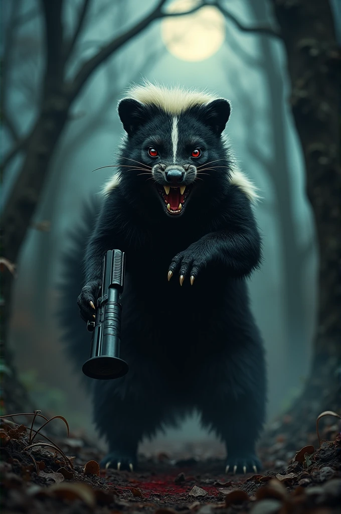 Evil skunk with blood in its mouth, big sharp teeth with gun in hand 