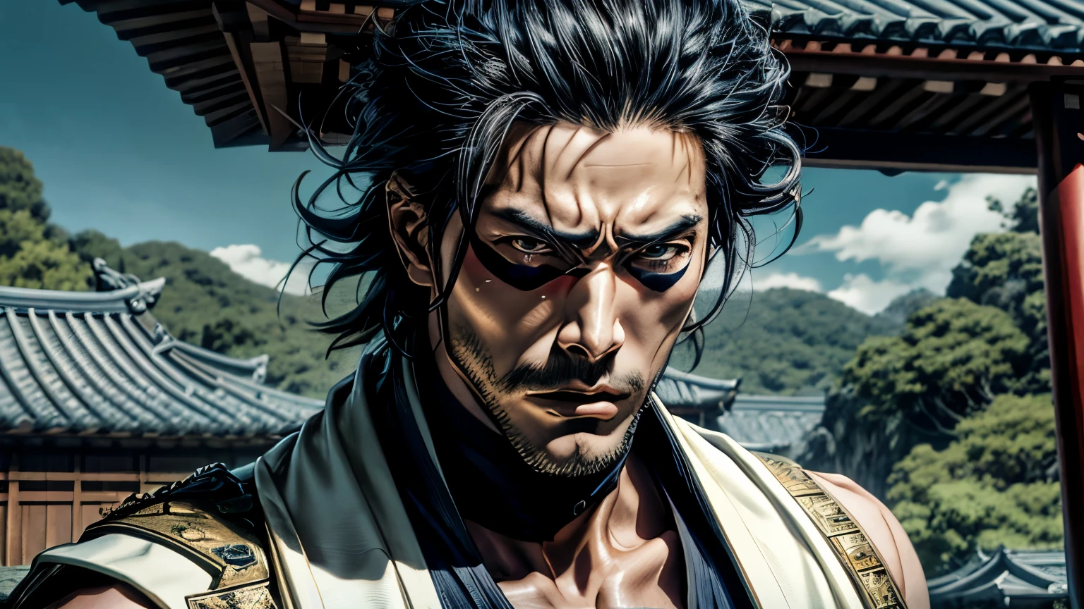 1 Samurai man,high qualiy, master part, Japanese anime, two-dimensional, Beautiful eyes, extreme detailed background, 8 k wallpaper, extreme detailed face) Ten, highly muscular body, strong muscles, barba, hopeful eyes, glare eyes, blue colored eyes, mature and steady, sophisticated, white short sleeves, Retrato de Onmyoji, miyamoto musashi, detailed anime character art, Pavilion background,in the style of 0mib, bleach style