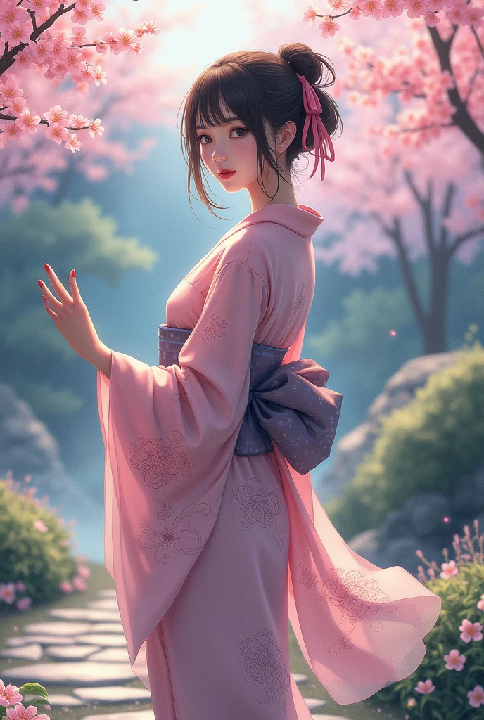目隠しをした着物を着た女性アニメ風
