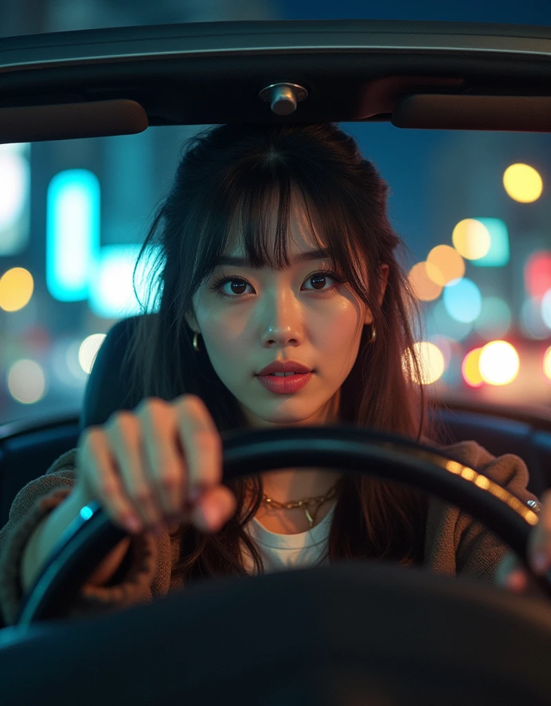 photo-realistic, ultra-realistic, very beautiful Japanese university student girl, famous Japanese idol, 25 years old, driving a convertible car of Mercedes, car chase, there are police cars, dramatic scene, masterpiece, (face focus:1.3), beautiful eyes,