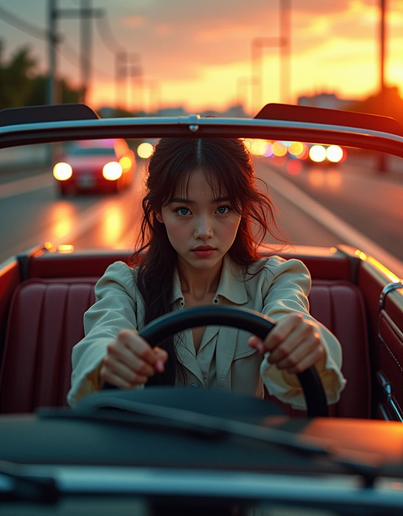photo-realistic, ultra-realistic, very beautiful Japanese university student girl, famous Japanese idol, 25 years old, driving a convertible car of Mercedes, car chase, there are police cars, dramatic scene, masterpiece, (face focus:1.3), beautiful eyes,