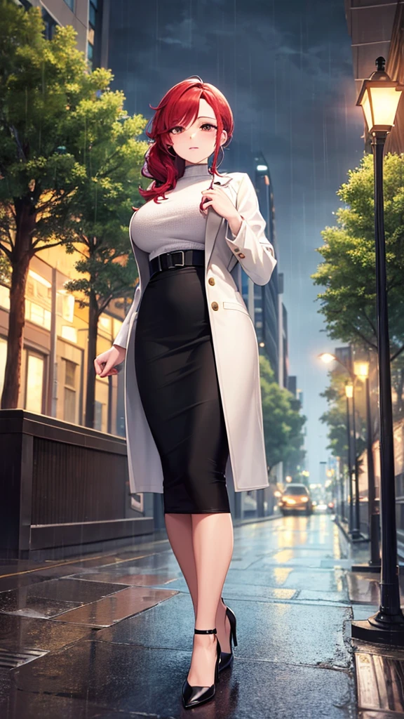 masterpiece, best quality, high detail, beautiful woman, wavy hair, red hair, low ponytail, white blouse, black coat, black midi pencil skirt, heels, looking at viewer, spring garden, cloudy sky, rainy backdrop, city, city street, sidewalk, street lamp, park, trees, purse,