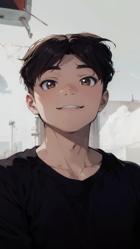 one anime boy , brown eyes , devil eyes , Proud, proud look, proud smile, charming