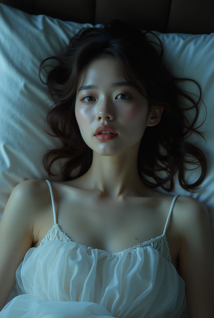 Long Summer Night、A beautiful young Japanese woman is lying in bed、The woman is wearing a sheer gown..、Anxiety waiting in the car
