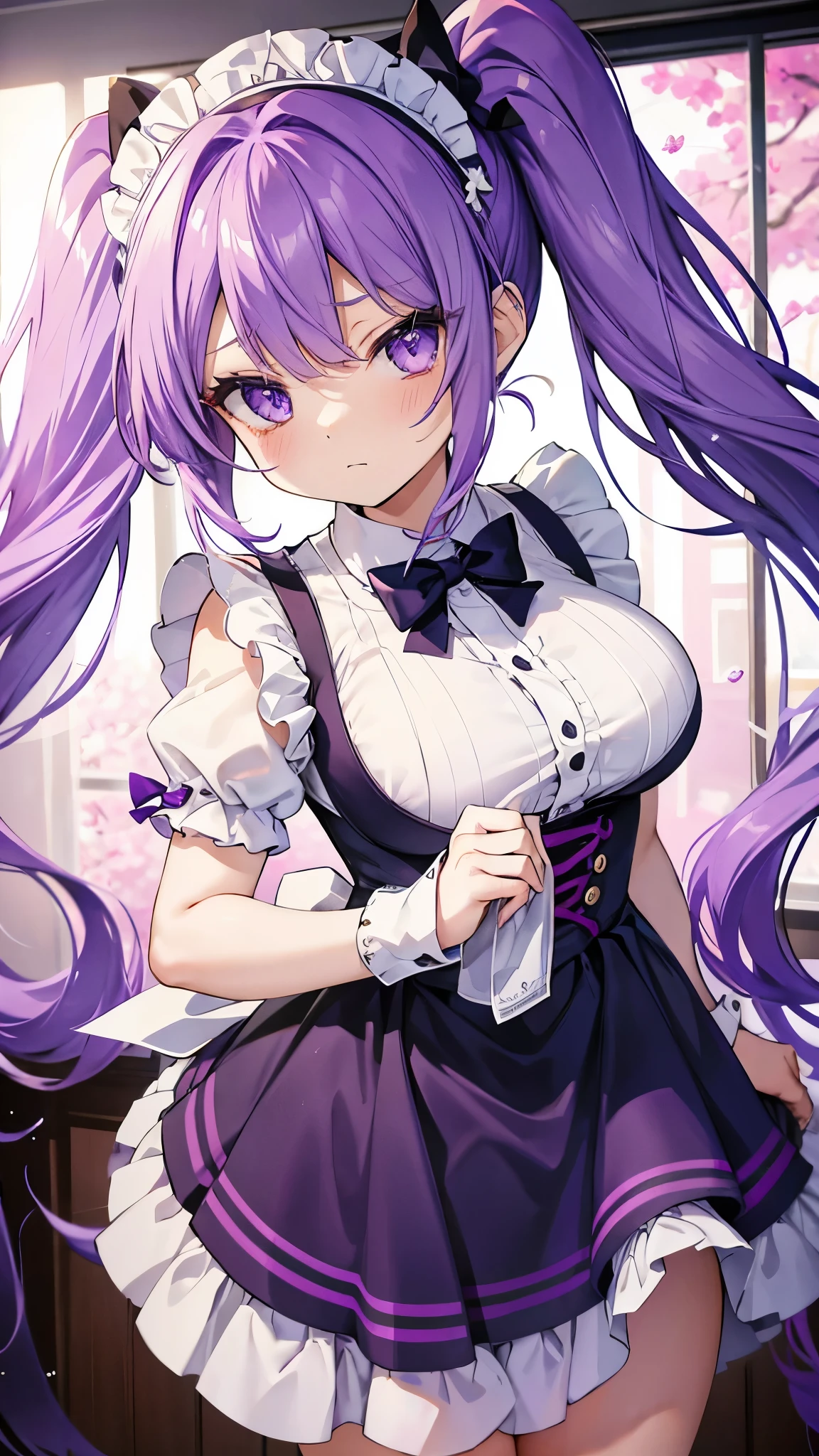 Purple Hair、Purple Eyes、Twin tails、beautiful girl、low length、Big Breasts、middle School girls、Chibi、Gal、Model body type、maid、おしゃれなmaid服、Tsundere、maidのカチューシャ、I'm cooking、Sweat、Busy face、Upper Body