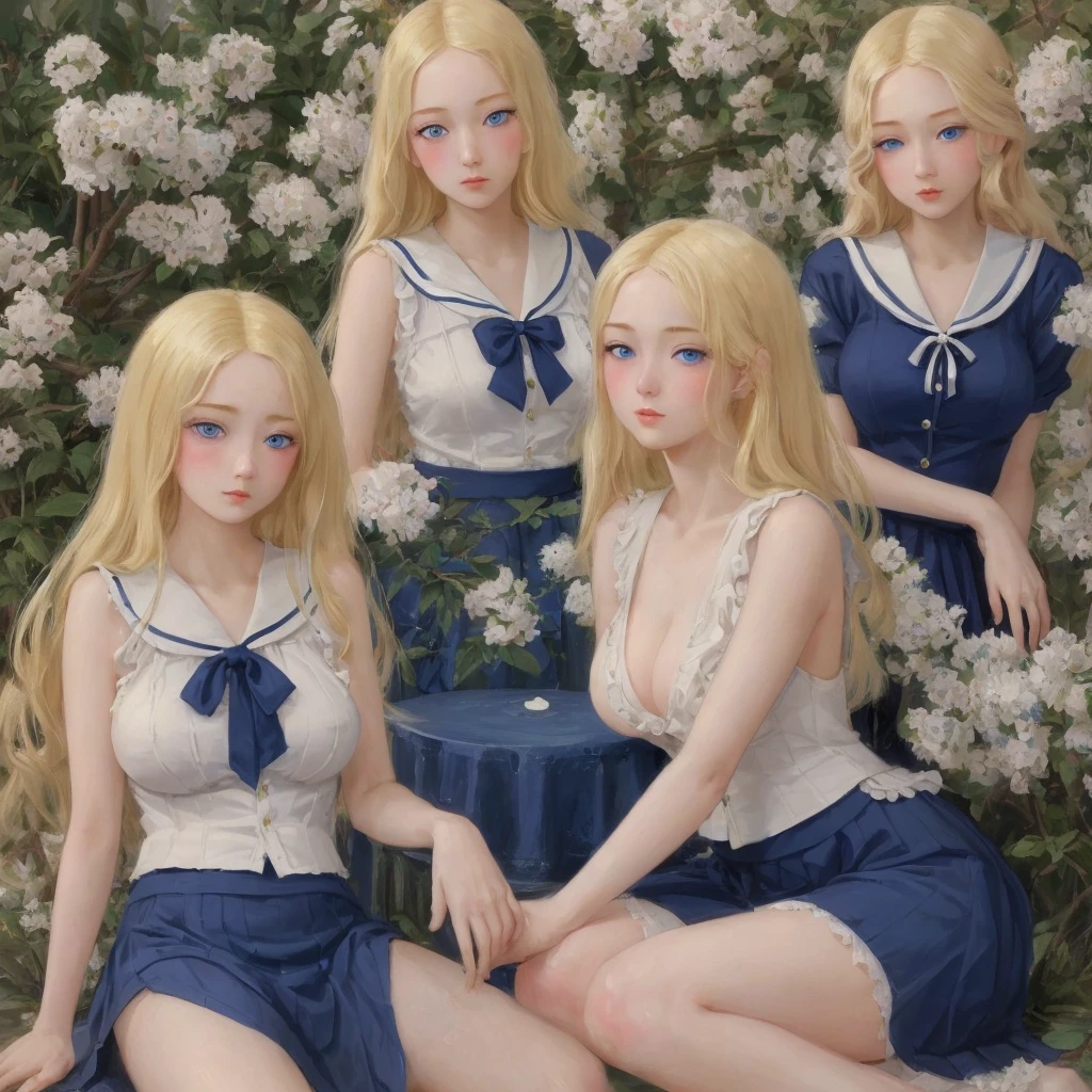 5 girls,Group long blonde hair, blue eyes,Hanging eye 1930s European style, high quality, 18 years old, Big breasts , beauty的腿, Sailor suit short top and skirt , delicate eyes, Delicate lips, Extremely detailed face, long eyelashes, Elegant, beautiful, beauty, charming, Exquisite, Realism, 8k, best quality, masterpiece, Shy look anatomically correct, accurate, high detail, Very long hair, Blushing, beauty的花園裡 屁股蹲在地上 抱住雙腿 從側面看 全身照 