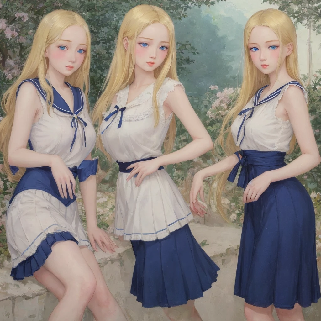 5 girls,Group long blonde hair, blue eyes,Hanging eye 1930s European style, high quality, 18 years old, Big breasts , beauty的腿, Sailor suit short top and skirt , delicate eyes, Delicate lips, Extremely detailed face, long eyelashes, Elegant, beautiful, beauty, charming, Exquisite, Realism, 8k, best quality, masterpiece, Shy look anatomically correct, accurate, high detail, Very long hair, Blushing, beauty的花園裡 屁股蹲在地上 抱住雙腿 從側面看 全身照