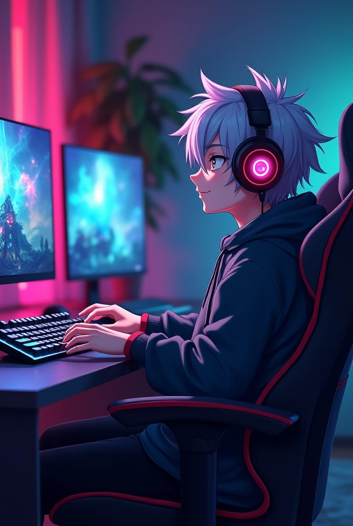 playing a game、anime character young boy full body sitting on gaming chair、gaming computer、2Monitors、dark room、wearing headphones and hoodie、gray hair、A sly smile、night room、gaming keyboard、Gaming Mouse、gaming pc、facing this way front view sitting on gaming chair、white hair、silver hair、暗いnight room、Rainbow LED keyboard、Colorful LED keyboard、Colorful LED Mouse