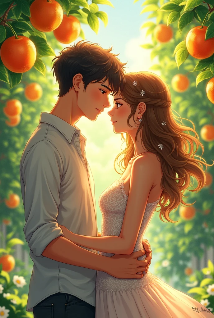 Novel cover, 1 man and 1 woman hugging each other and facing each other in the fruit garden, anime style, woman wearing sexy lace dress.