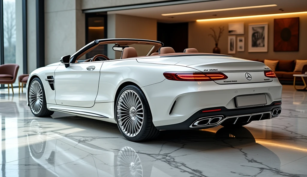 A close-up view of the luxury wheels on the 2025 Mercedes-Maybach SL Mythos Series convertible, in a glossy white color, showcased in an upscale showroom. The wheels are designed with intricate patterns and high-quality finishes, featuring polished chrome or premium alloy rims that reflect the vehicle’s opulent character. The glossy white body of the car enhances the visual impact of the wheels. The showroom’s polished marble floors and expansive glass walls allow natural light to illuminate the scene, while soft ambient lighting highlights the wheels’ luxurious details. Elegant decor, including plush seating and contemporary art pieces, creates a refined backdrop that complements the Mercedes-Maybach SL Mythos Series’ exceptional design and craftsmanship