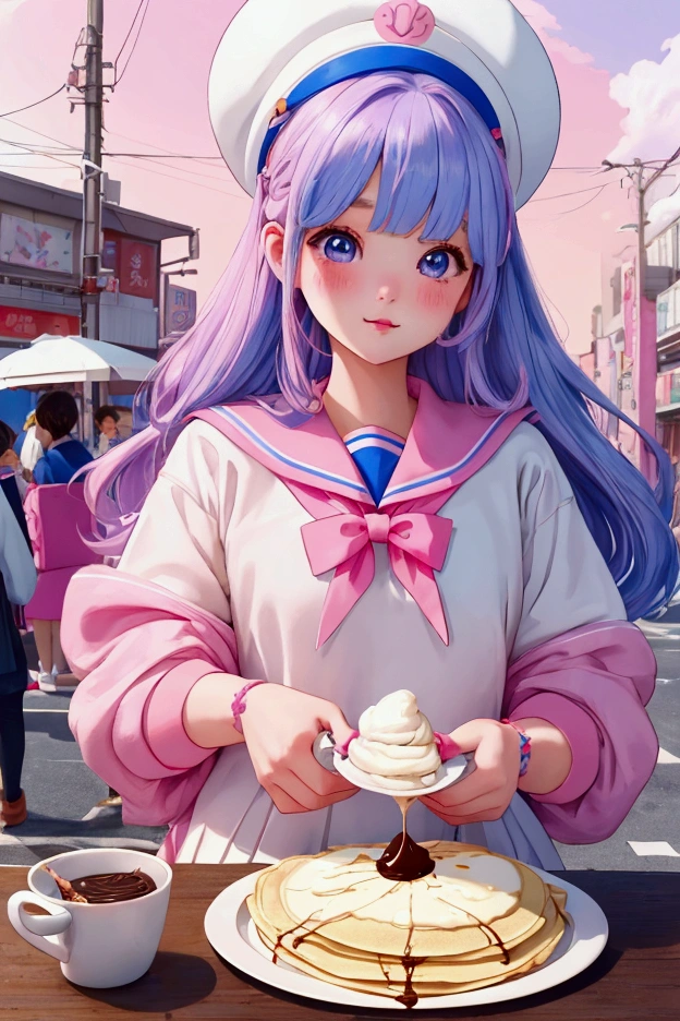 Highest quality、Very detailed、High school girl in sailor suit、Pink and blue gradient hair、Have crepes、Spilling cream、Chocolate Whip、banana、The background is the city of Harajuku