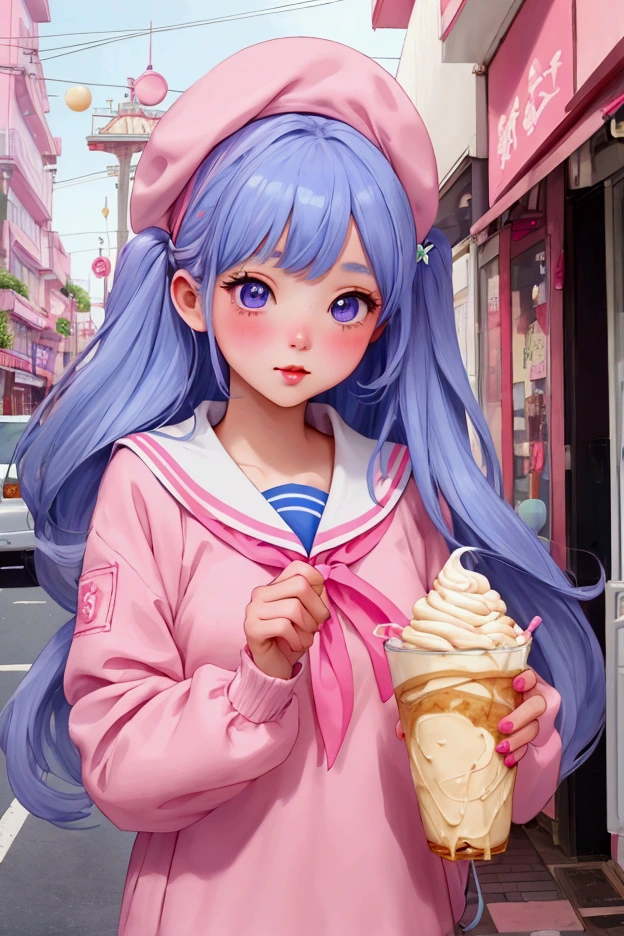 Highest quality、Very detailed、High school girl in sailor suit、Pink and blue gradient hair、Have crepes、Spilling cream、Chocolate Whip、banana、The background is the city of Harajuku