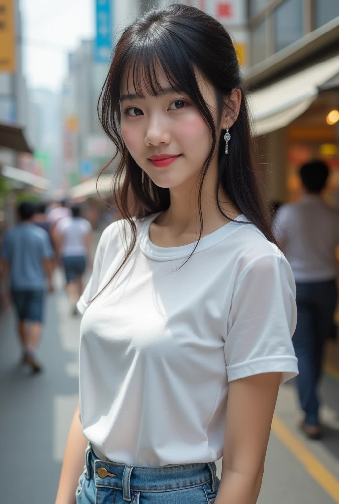 1 Japanese beautiful girl, ((white see-through wet T-shirt:1.4, denim pants)), ((show off nipples under white t-shirt:1.4)), (((wet body:1.4))),20yo girl, Super beautiful detailed face, (smile:1.4), earrings, (various hair style:1.4, bangs), cowboy shot, (small breast:1.4, chubby body), (small areola), nude, Naked, BREAK, masterpiece, best quality, ultra quality, high quality, realistic, photo realistic, RAW photo, hyper detailed, intricate detaile, (crowded street:1.4),