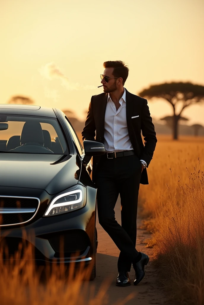 A guy on the safari with Mercedes cls 350 wearing black glasess black and white suit black shoes a bit jewellery smoking cigarette 
