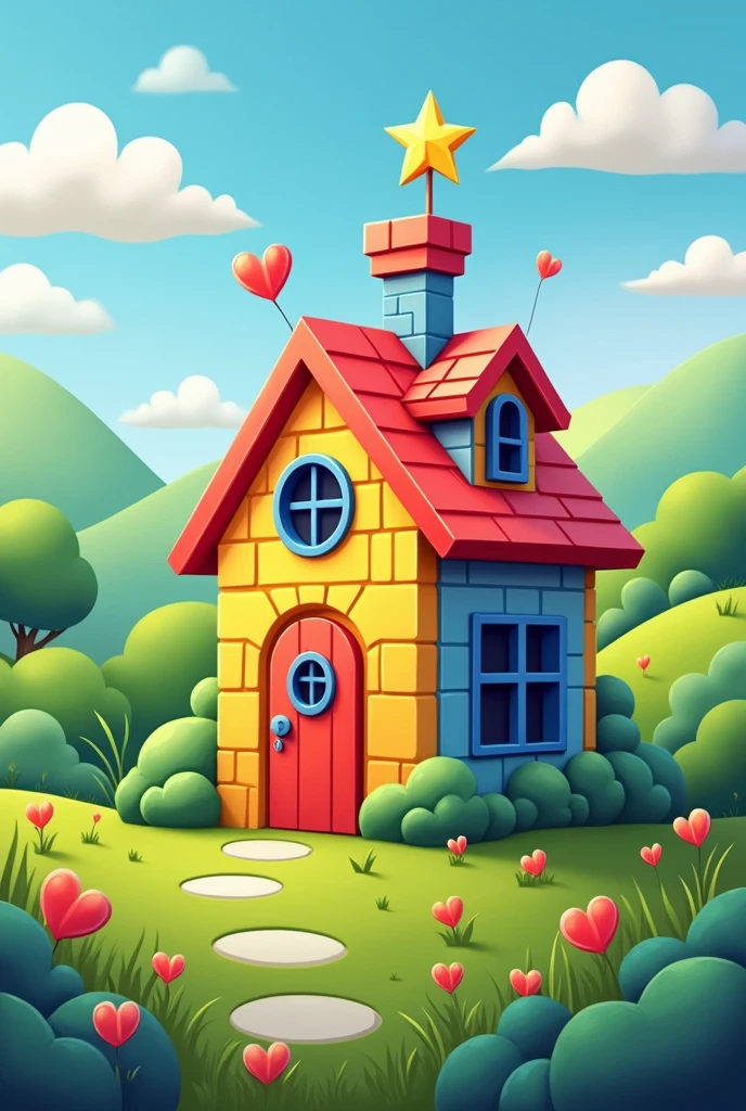 a house made of triangle, circle, rectangle, square, heart and star. For boys. Landscape picture 