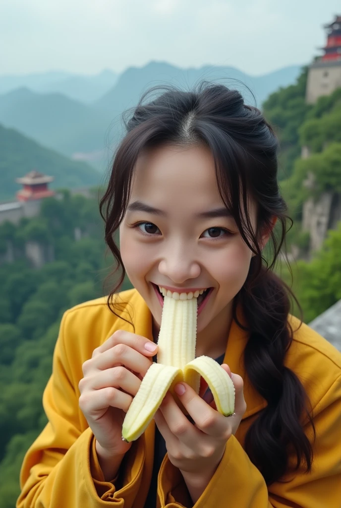 A very beautiful Chinese woman in her 30s、Looking straight ahead、With an erotic and ecstatic look、Looks delicious、Eating a peeled banana with his mouth wide open。Background、Please recommend some famous tourist attractions in China。9:In 16 sizes、Highest quality、A masterpiece please。