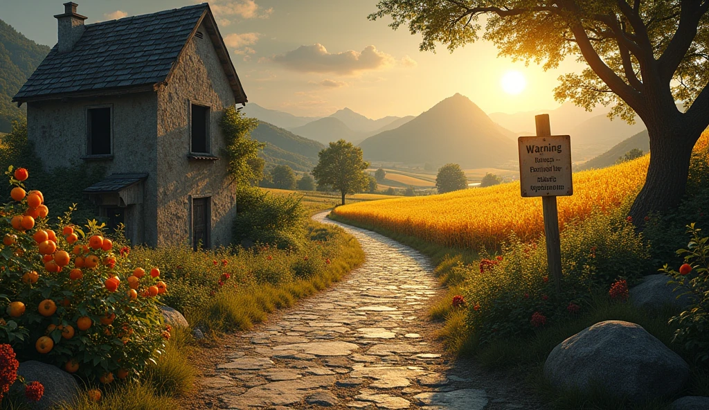 path full of obstacles and on one side of the path there is misery fear and hunger and on the other side prosperity, abundance and riches