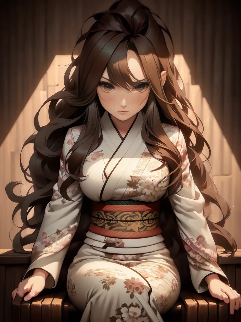 (Caucasian woman, female, dark brown hair, pale skin, brown eyes, solo portrait, natural breasts) green kimono, long flowing kimono, green dress, green clothing full body, smiling, standing inside, good lighting, daytime, (inside of a castle, stone walls, medieval setting, sitting on a throne), ((masterpiece, best quality)), art by greg rutkowski,  (detailed Bonifasko lighting), (detailed face), (detailed skin), BREAK, (( flowing hair)), ((facing viewer)), (cinematic lighting), ((detailed background)), ((full body portrait view)), (((full body view))), (half body shadow), [backlighting], [crepuscular ray], [detailed ambient light], [gray natural lighting], [ambient light on the belly], [sharp focus], (questionable content), (shaded), ((masterpiece)), Commission for High Res,Sakimichan beautiful, masterpiece, natural breasts, medium breasts, best quality, detailed image, bright colors, detailed face, perfect lighting, perfect shadows, perfect eyes, girl focus, brown eyes, flawless face, face focus, gaze at the viewer, half-closed eyes, 1girl, solo, full body, (masterpiece:1.21), (best quality:1.2), (illustration:1.2), (cinematic lighting:1.3), detailed skin, balanced coloring, global illumination, ray tracing, good lighting, ((brown hair, green kimono))