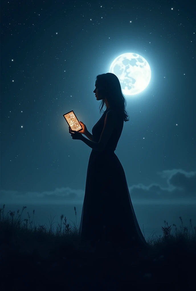 Mysterious thumbnail。In the center is a silhouette of a person holding a tarot card.、The tarot cards are mysteriously shining in your hand.。The background is a deep navy blue starry sky.、bright shining star々and、A faintly rising full moon is placed。At the top『In your heart、I can see through you』andいうキャッチコピーが、サブキャッチandして『His feelings、Future Love、It&#39;s all in this card...』is written in a soft font.。Overall, it&#39;s captivating、Mysterious and mysterious design。Size 9:6