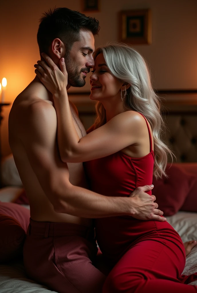 Sexy 65 year old busty woman in dress (( cleavage)) making love to handsome man , sexual erotic , full body, wide screen