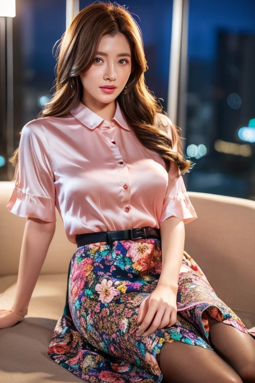 colorful shirt with collar、(long skirt with floral pattern:1.3)、((silk pantyhose))、(She is sitting, showing off her beautiful legs and high heels)、1 girl、(Delicate face、Detailed eyes and face、double eyelid、Glossy lips)、Moisturized skin、Highly detailed face and skin texture、Two well-balanced legs、Large Breasts、((Highest quality、Ultra-high resolution、masterpiece、8k))、((Perfect Anatomy、Anatomically correct))、(Full Body Portrait)、Modern architecture at night on the background、Professional Lighting、Realistic、Realistic、Ultra-realistic