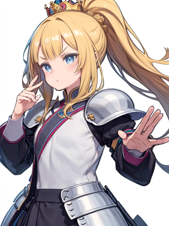 One Woman、Anime painting、Flat Color、Blonde Hair、ponytail、Put a little crown on your head、Princess Knight、V-shaped eyebrows、Blue Eyes、Armor、Upper Body、skirt、Front view、